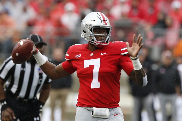 FILE - In this Sept. 8, 2018, file photo, Ohio State quarterback Dwayne Haskins looks for a receiver during the team's NCAA college football game against Rutgers in Columbus, Ohio. Saturday night’s clash between No. 4 Ohio State and No. 9 Penn State for Big Ten East supremacy promises to be an offensively explosive affair. The programs boast the two top scoring offenses in the country through four games, with Penn State averaging 55.5 points and the Buckeyes right behind them at 54.5. They’re also one and two in touchdowns, 31 and 29, respectively. (AP Photo/Jay LaPrete, File)