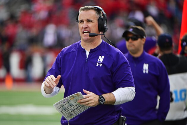 PISCATAWAY, NJ - OCTOBER 20: Head coach Pat Fitzgerald of the Northwestern Wildcats coaches during the second quarter against the Rutgers Scarlet Knights on October 20, 2018 in Piscataway, New Jersey. Northwestern won 18-15. (Photo by Corey Perrine/Getty Images)