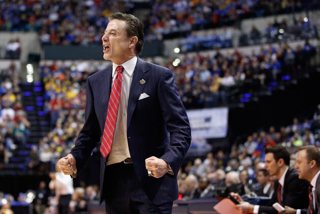 INDIANAPOLIS, IN - MARCH 19:  Head coach Rick Pitino of the Louisville Cardinals  reacts against the Michigan Wolverines in the first half during the second round of the 2017 NCAA Men's Basketball Tournament at the Bankers Life Fieldhouse on March 19, 2017 in Indianapolis, Indiana.  (Photo by Joe Robbins/Getty Images)