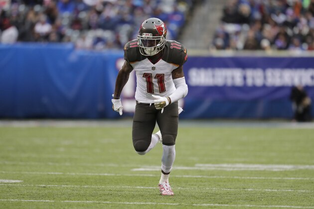 Tampa Bay Buccaneers' DeSean Jackson during the first half of an NFL football game against the New York Giants, Sunday, Nov. 18, 2018, in East Rutherford, N.J. (AP Photo/Julio Cortez)
