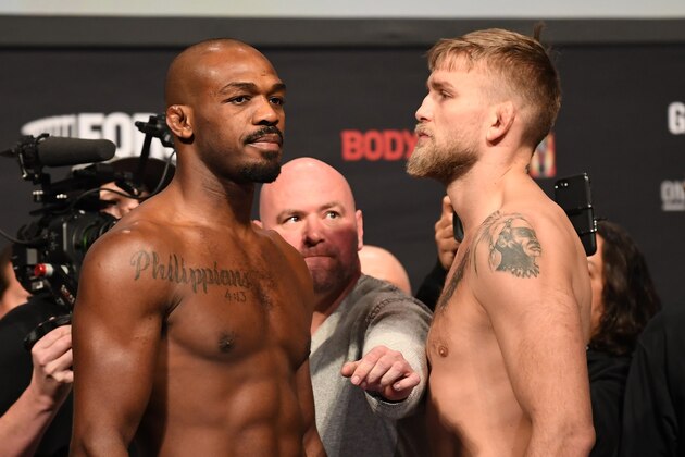 INGLEWOOD, CA - DECEMBER 28:  (L-R) Opponents Jon Jones and Alexander Gustafsson of Sweden face off during the UFC 232 weigh-in inside The Forum on December 28, 2018 in Inglewood, California. (Photo by Josh Hedges/Zuffa LLC/Zuffa LLC via Getty Images)