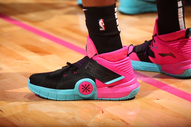 MIAMI, FL - DECEMBER 28: Sneakers worn by Dwyane Wade #3 of the Miami Heat during the game against the Cleveland Cavaliers on December 28, 2018 at American Airlines Arena in Miami, Florida. NOTE TO USER: User expressly acknowledges and agrees that, by downloading and or using this Photograph, user is consenting to the terms and conditions of the Getty Images License Agreement. Mandatory Copyright Notice: Copyright 2018 NBAE (Photo by Issac Baldizon/NBAE via Getty Images)