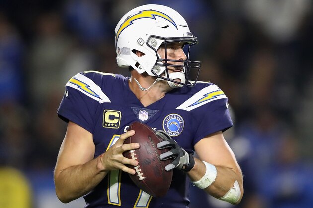CARSON, CA - DECEMBER 22:  Philip Rivers #17 of the Los Angeles Chargers looks to pass the ball during the second half of a game against the Baltimore Ravens at StubHub Center on December 22, 2018 in Carson, California.  (Photo by Sean M. Haffey/Getty Images)