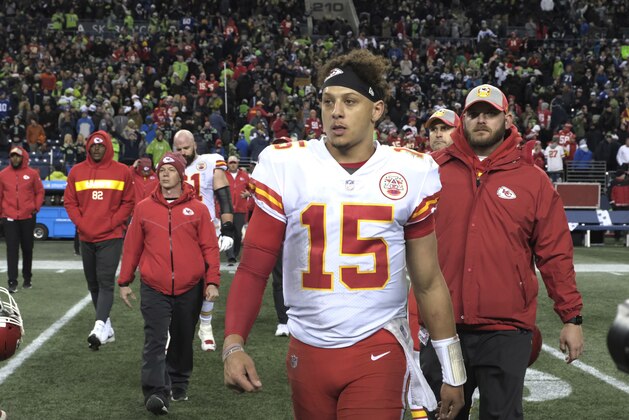 Kansas City Chiefs quarterback Patrick Mahomes walks off the field after an NFL football game against the Seattle Seahawks, Sunday, Dec. 23, 2018, in Seattle. The Seahawks won 38-31. (AP Photo/Stephen Brashear)