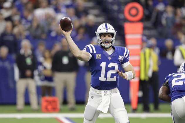 Indianapolis Colts quarterback Andrew Luck (12) throws against the New York Giants during the first half of an NFL football game in Indianapolis, Sunday, Dec. 23, 2018. (AP Photo/Darron Cummings)