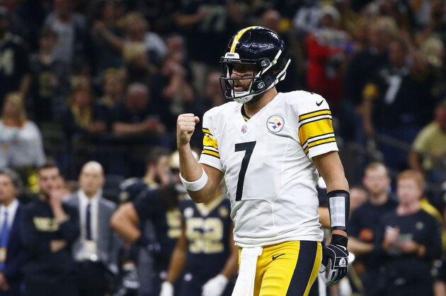 Pittsburgh Steelers quarterback Ben Roethlisberger (7) reacts after a touchdown pass in the first half of an NFL football game against the Pittsburgh Steelers in New Orleans, Sunday, Dec. 23, 2018. (AP Photo/Butch Dill)