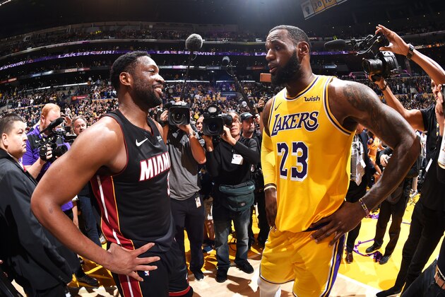 LOS ANGELES, CA - DECEMBER 10:  Dwyane Wade #3 of the Miami Heat and LeBron James #23 of the Los Angeles Lakers are photographed after the game between the two teams on December 10, 2018 at STAPLES Center in Los Angeles, California. NOTE TO USER: User expressly acknowledges and agrees that, by downloading and/or using this Photograph, user is consenting to the terms and conditions of the Getty Images License Agreement. Mandatory Copyright Notice: Copyright 2018 NBAE (Photo by Andrew D. Bernstein/NBAE via Getty Images)