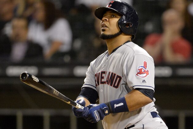 CHICAGO - SEPTEMBER 25:  Edwin Encarnacion #10 of the Cleveland Indians bats against the Chicago White Sox on September 25, 2018 at Guaranteed Rate Field in Chicago, Illinois.  (Photo by Ron Vesely/MLB Photos via Getty Images)