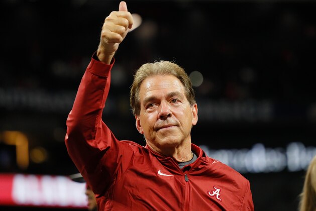 ATLANTA, GA - DECEMBER 01:  Head coach Nick Saban of the Alabama Crimson Tide reacts after defeating the Georgia Bulldogs 35-28 in the 2018 SEC Championship Game at Mercedes-Benz Stadium on December 1, 2018 in Atlanta, Georgia.  (Photo by Kevin C. Cox/Getty Images)