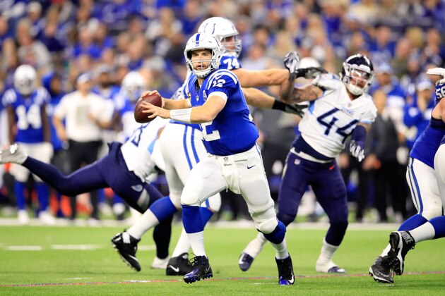 INDIANAPOLIS, IN - NOVEMBER 18:  Andrew Luck #12 of the Indianapolis Colts throws a pass against the Tennessee Titans at Lucas Oil Stadium on November 18, 2018 in Indianapolis, Indiana.  (Photo by Andy Lyons/Getty Images)