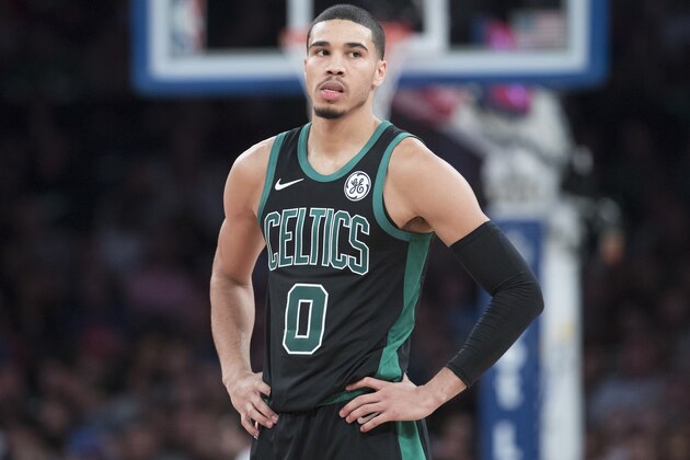 Boston Celtics forward Jayson Tatum pauses on the court during the second half of an NBA basketball game against the New York Knicks, Saturday, Oct. 20, 2018, at Madison Square Garden in New York. The Celtics won 103-101. (AP Photo/Mary Altaffer)