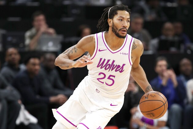 MINNEAPOLIS, MN -  DECEMBER 28:  Derrick Rose #25 of the Minnesota Timberwolves handles the ball against the Atlanta Hawks on December 28, 2018 at Target Center in Minneapolis, Minnesota. NOTE TO USER: User expressly acknowledges and agrees that, by downloading and or using this Photograph, user is consenting to the terms and conditions of the Getty Images License Agreement. Mandatory Copyright Notice: Copyright 2018 NBAE (Photo by Jordan Johnson/NBAE via Getty Images)