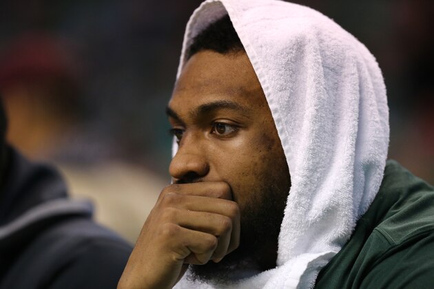 BOSTON, MA - APRIL 15: Jabari Parker #12 of the Milwaukee Bucks looks on from the bench during the third quarter of Game One of Round One of the 2018 NBA Playoffs against the Boston Celtics during at TD Garden on April 15, 2018 in Boston, Massachusetts. (Photo by Maddie Meyer/Getty Images)