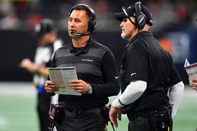 ATLANTA, GA - SEPTEMBER 30: Atlanta Falcons offensive coordinator Steve Sarkisian on the field during the second quarter against the Cincinnati Bengals at Mercedes-Benz Stadium on September 30, 2018 in Atlanta, Georgia. (Photo by Scott Cunningham/Getty Images)