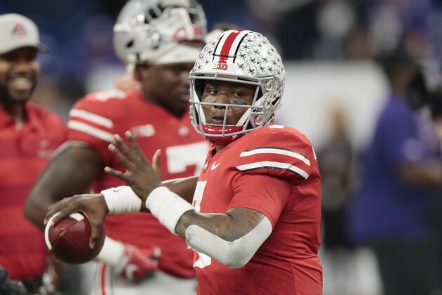 Ohio State quarterback Dwayne Haskins warms up for the team's Big Ten championship NCAA college football game against Northwestern on Saturday, Dec. 1, 2018, in Indianapolis. (AP Photo/AJ Mast)