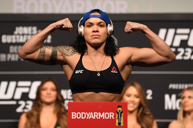INGLEWOOD, CA - DECEMBER 28:  Amanda Nunes of Brazil poses on the scale during the UFC 232 weigh-in inside The Forum on December 28, 2018 in Inglewood, California. (Photo by Josh Hedges/Zuffa LLC/Zuffa LLC via Getty Images)