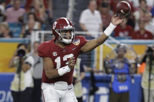 Alabama quarterback Tua Tagovailoa (13) looks to pass, during the first half of the Orange Bowl NCAA college football game against Oklahoma, Saturday, Dec. 29, 2018, in Miami Gardens, Fla. (AP Photo/Lynne Sladky)