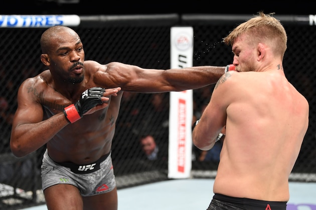 INGLEWOOD, CA - DECEMBER 29:  (L-R) Jon Jones punches Alexander Gustafsson of Sweden in their light heavyweight bout during the UFC 232 event inside The Forum on December 29, 2018 in Inglewood, California. (Photo by Josh Hedges/Zuffa LLC/Zuffa LLC via Getty Images)