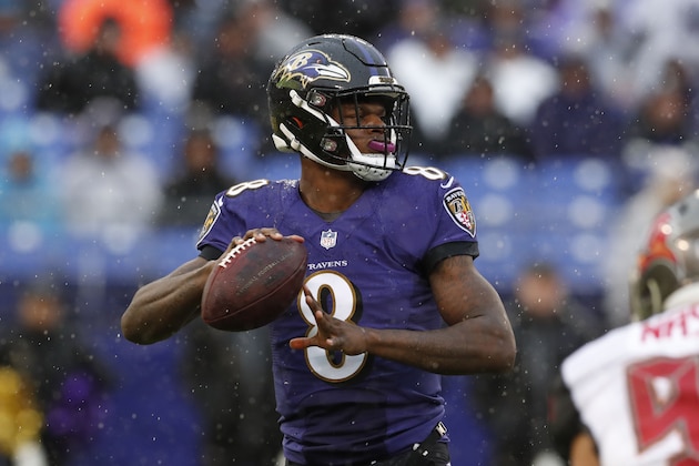BALTIMORE, MARYLAND - DECEMBER 16: Quarterback Lamar Jackson #8 of the Baltimore Ravens looks to throw the ball in the first quarter against the Tampa Bay Buccaneers at M&T Bank Stadium on December 16, 2018 in Baltimore, Maryland. (Photo by Todd Olszewski/Getty Images) BALTIMORE, MARYLAND - DECEMBER 16: Quarterback Lamar Jackson #8 of the Baltimore Ravens looks to throw the ball in the first quarter against the Tampa Bay Buccaneers at M&T Bank Stadium on December 16, 2018 in Baltimore, Maryland. (Photo by Todd Olszewski/Getty Images)