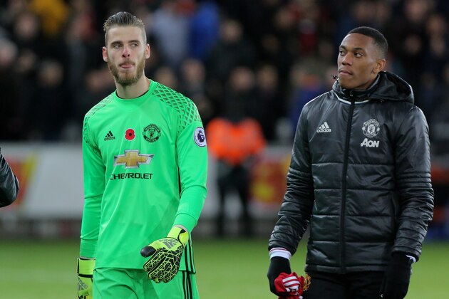 SWANSEA, WALES - NOVEMBER 06: (L-R) Juan Mata, David De Gea and Anthony Martial of Manchester City walk off the pitch after the Premier League match between Swansea City and Manchester United at The Liberty Stadium on November 06, 2016 in Swansea, Wales. (Photo by Athena Pictures/Getty Images)
