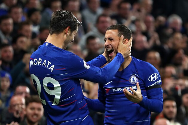LONDON, ENGLAND - NOVEMBER 04:  Alvaro Morata of Chelsea celebrates with teammate Eden Hazard after scoring his team's second goal during the Premier League match between Chelsea FC and Crystal Palace at Stamford Bridge on November 4, 2018 in London, United Kingdom.  (Photo by Catherine Ivill/Getty Images)