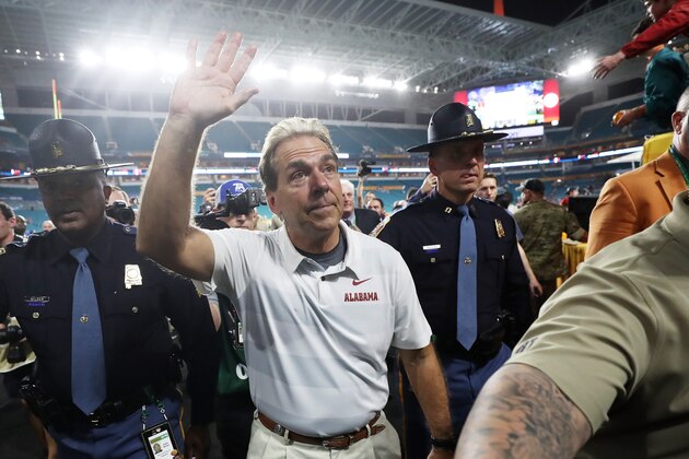 MIAMI, FL - DECEMBER 29:  Head coach Nick Saban of the Alabama Crimson Tide celebrates the win over the Oklahoma Sooners during the College Football Playoff Semifinal at the Capital One Orange Bowl at Hard Rock Stadium on December 29, 2018 in Miami, Florida.  (Photo by Streeter Lecka/Getty Images)