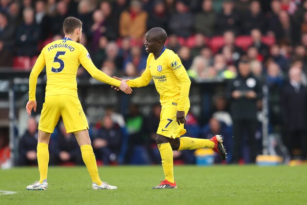 LONDON, ENGLAND - DECEMBER 30: NGolo Kante of Chelsea celebrates after scoring a goal to make it 1-0 during the Premier League match between Crystal Palace and Chelsea FC at Selhurst Park on December 30, 2018 in London, United Kingdom. (Photo by James Williamson - AMA/Getty Images)