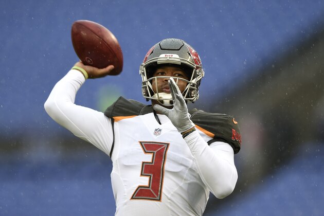 Tampa Bay Buccaneers quarterback Jameis Winston warms up before an NFL football game against the Baltimore Ravens, Sunday, Dec. 16, 2018, in Baltimore. (AP Photo/Gail Burton)