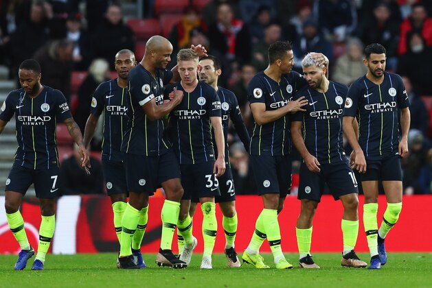 SOUTHAMPTON, ENGLAND - DECEMBER 30:  Sergio Aguero of Manchester City (2R) celebrates with team mates as he scores his team's third goal during the Premier League match between Southampton FC and Manchester City at St Mary's Stadium on December 29, 2018 in Southampton, United Kingdom.  (Photo by Dan Istitene/Getty Images)