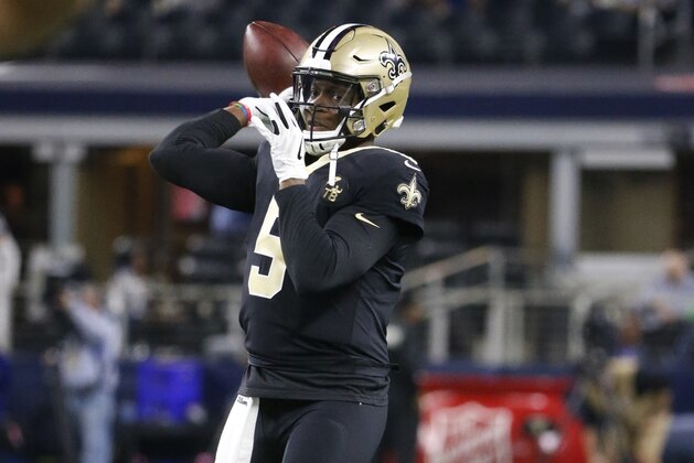 New Orleans Saints quarterback Teddy Bridgewater (5) before an NFL football game against the Dallas Cowboys, in Arlington, Texas, Thursday, Nov. 29, 2018. (AP Photo/Michael Ainsworth)