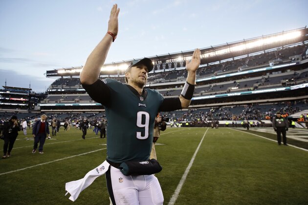 Philadelphia Eagles' Nick Foles celebrates as he runs off the field after an NFL football game against the Houston Texans, Sunday, Dec. 23, 2018, in Philadelphia. Philadelphia won 32-30. (AP Photo/Matt Rourke)