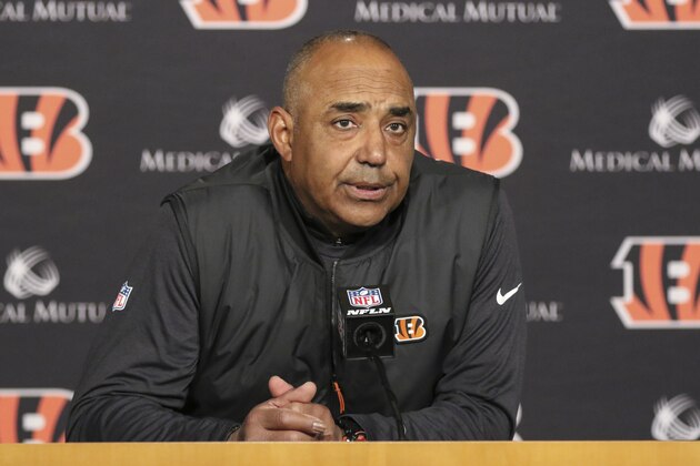 Cincinnati Bengals head coach Marvin Lewis attends a new conference after an NFL football game against the Oakland Raiders, Sunday, Dec. 16, 2018, in Cincinnati. (AP Photo/Gary Landers)