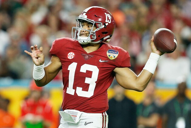 MIAMI, FL - DECEMBER 29: Tua Tagovailoa #13 of the Alabama Crimson Tide looks to pass in the fourth quarter during the College Football Playoff Semifinal against the Oklahoma Sooners at the Capital One Orange Bowl at Hard Rock Stadium on December 29, 2018 in Miami, Florida.  (Photo by Michael Reaves/Getty Images)