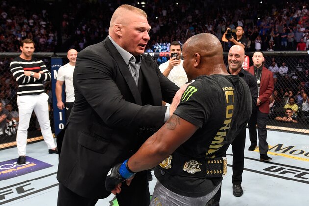 LAS VEGAS, NV - JULY 07:  Brock Lesnar confronts Daniel Cormier after his UFC heavyweight championship fight during the UFC 226 event inside T-Mobile Arena on July 7, 2018 in Las Vegas, Nevada.  (Photo by Josh Hedges/Zuffa LLC/Zuffa LLC via Getty Images)