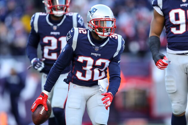 FOXBOROUGH, MASSACHUSETTS - DECEMBER 30: Devin McCourty #32 of the New England Patriots reacts after recovering a fumble during the second quarter of a game against the New York Jets at Gillette Stadium on December 30, 2018 in Foxborough, Massachusetts. (Photo by Maddie Meyer/Getty Images)