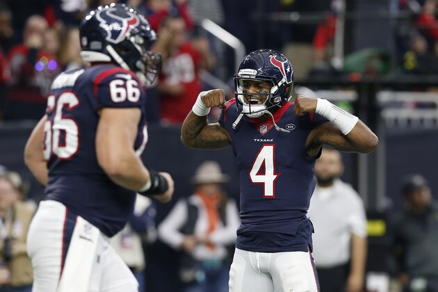HOUSTON, TX - DECEMBER 30:  Deshaun Watson #4 of the Houston Texans celebrates after a rushing touchdown in the second quarter against the Jacksonville Jaguars at NRG Stadium on December 30, 2018 in Houston, Texas.  (Photo by Tim Warner/Getty Images)
