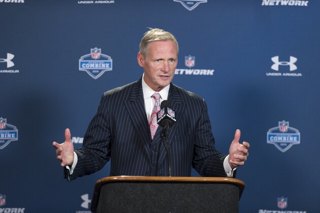 NFL Network draft analyst Mike Mayock talks with reporters during a news conference at the NFL football scouting combine in Indianapolis, Saturday, Feb. 21, 2015. (AP Photo/Doug McSchooler)