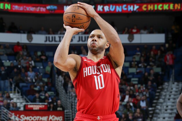 NEW ORLEANS, LA - DECEMBER 29: Eric Gordon #10 of the Houston Rockets shoots a free throw against the New Orleans Pelicans on December 29, 2018 at the Smoothie King Center in New Orleans, Louisiana. NOTE TO USER: User expressly acknowledges and agrees that, by downloading and or using this Photograph, user is consenting to the terms and conditions of the Getty Images License Agreement. Mandatory Copyright Notice: Copyright 2018 NBAE (Photo by Layne Murdoch Jr./NBAE via Getty Images)