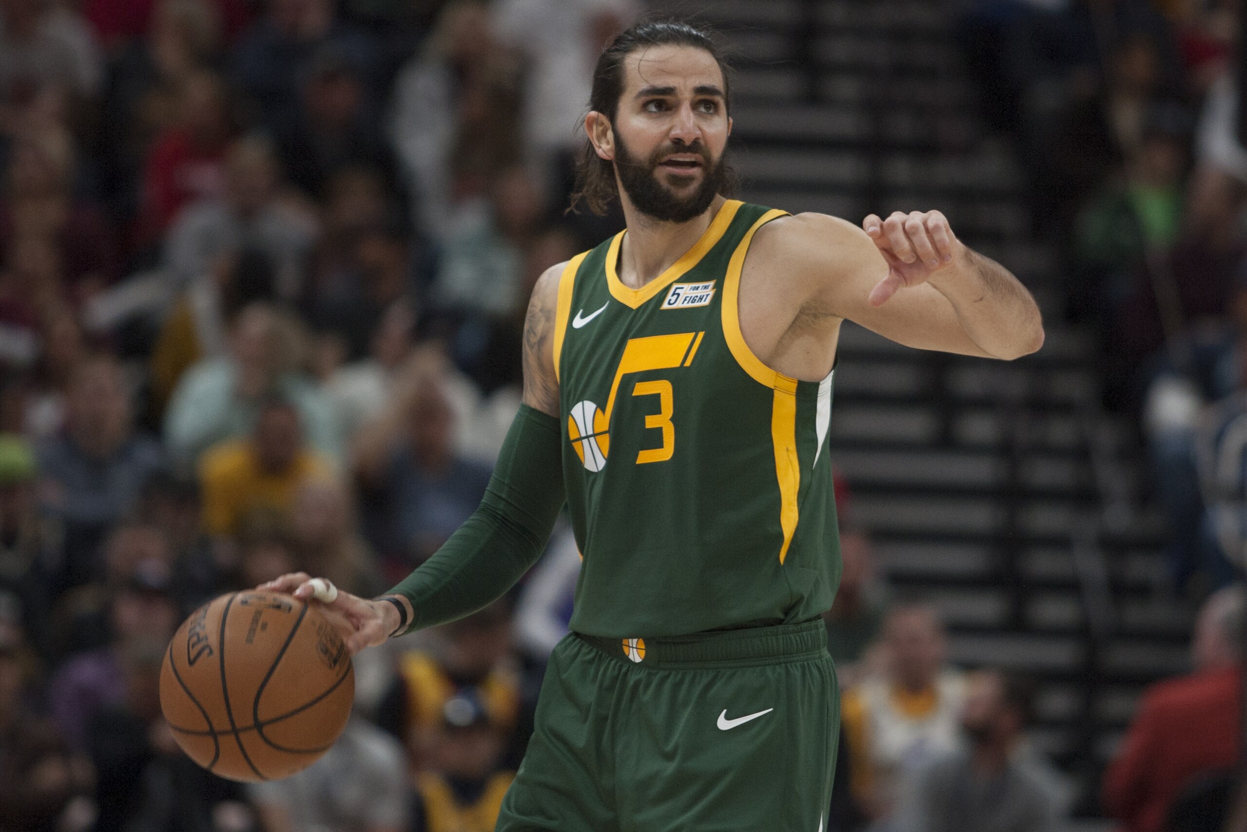 SALT LAKE CITY, UT -  DECEMBER 25: Ricky Rubio #3 of the Utah Jazz calls a play as he brings the ball up the court against the Portland Trail Blazers during their game at the Vivint Smart Home Arena on December 25, 2018 in Salt Lake City , Utah. NOTE TO USER: User expressly acknowledges and agrees that, by downloading and or using this photograph, User is consenting to the terms and conditions of the Getty Images License Agreement. (Photo by Chris Gardner/Getty Images)