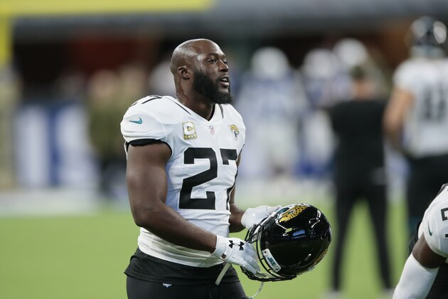 Jacksonville Jaguars running back Leonard Fournette (27) before an NFL football game against the Indianapolis Colts in Indianapolis, Sunday, Nov. 11, 2018. (AP Photo/AJ Mast)