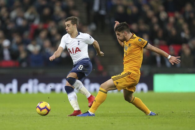 LONDON, ENGLAND - DECEMBER 29: Harry Winks of Tottenham Hotspur and Ruben Neves of Wolverhampton Wanderers during the Premier League match between Tottenham Hotspur and Wolverhampton Wanderers at Wembley Stadium on December 29, 2018 in London, United Kingdom. (Photo by James Baylis - AMA/Getty Images)