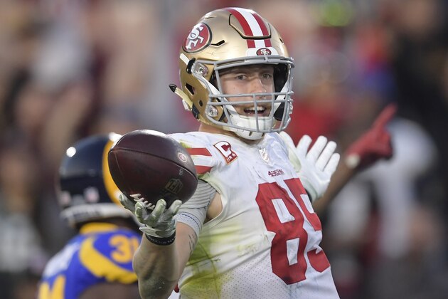San Francisco 49ers tight end George Kittle celebrates after scoring during the second half in an NFL football game against the Los Angeles Rams Sunday, Dec. 30, 2018, in Los Angeles. (AP Photo/Mark J. Terrill)