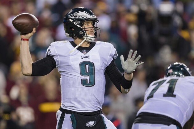 LANDOVER, MD - DECEMBER 30: Nick Foles #9 of the Philadelphia Eagles looks to pass against the Washington Redskins during the first half at FedExField on December 30, 2018 in Landover, Maryland. (Photo by Scott Taetsch/Getty Images)