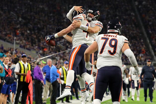 MINNEAPOLIS, MN - DECEMBER 30: Nick Kwiatkoski #44 of the Chicago Bears celebrates with Mitchell Trubisky #10 after catching the ball for a two point conversion in the fourth quarter of the game against the Minnesota Vikings at U.S. Bank Stadium on December 30, 2018 in Minneapolis, Minnesota. (Photo by Adam Bettcher/Getty Images)