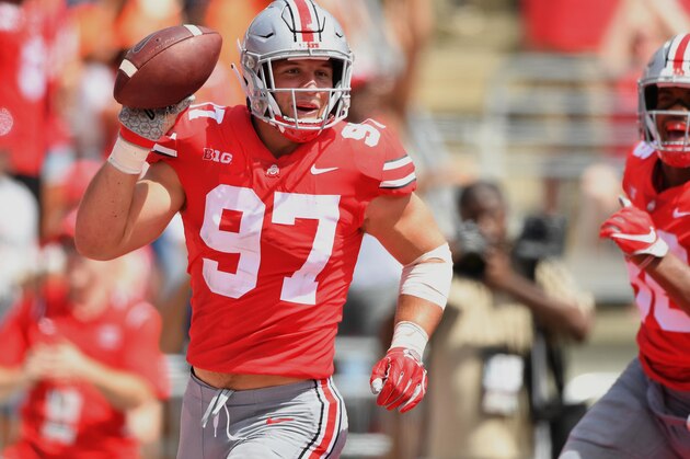 COLUMBUS, OH - SEPTEMBER 1:  Nick Bosa #97 of the Ohio State Buckeyes celebrates after recovering a fumble in the end zone for a touchdown in the second quarter against the Oregon State Beavers at Ohio Stadium on September 1, 2018 in Columbus, Ohio.  (Photo by Jamie Sabau/Getty Images)