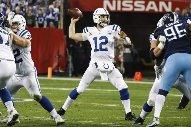 NASHVILLE, TN - DECEMBER 30: Andrew Luck #12 of the Indianapolis Colts throws a pass against the Tennessee Titans during the first quarter at Nissan Stadium on December 30, 2018 in Nashville, Tennessee. (Photo by Frederick Breedon/Getty Images)