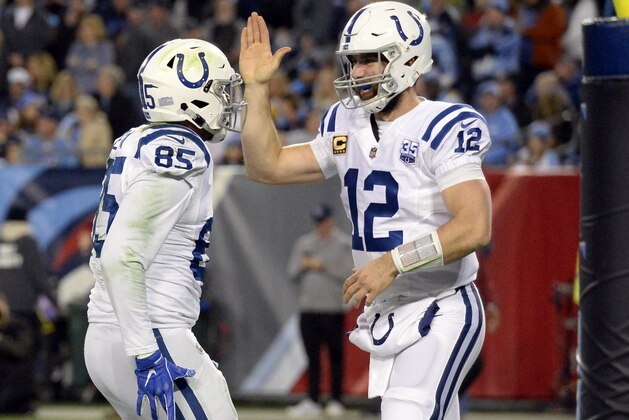 Indianapolis Colts quarterback Andrew Luck (12) celebrates with tight end Eric Ebron (85) after they teamed up for a 9-yard touchdown pass against the Tennessee Titans in the first half of an NFL football game Sunday, Dec. 30, 2018, in Nashville, Tenn. (AP Photo/Mark Zaleski)