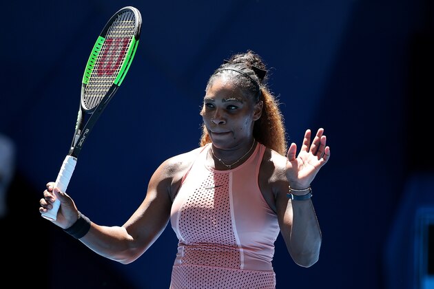 PERTH, AUSTRALIA - DECEMBER 31: Serena Williams of the United States gestures to Maria Sakkari of Greece following a shot during day three of the 2019 Hopman Cup at RAC Arena on December 31, 2018 in Perth, Australia. (Photo by Paul Kane/Getty Images)