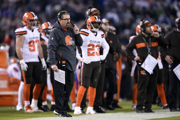 Cleveland Browns head coach Gregg Williams stands on the sideline in the first half of an NFL football game against the Baltimore Ravens, Sunday, Dec. 30, 2018, in Baltimore. (AP Photo/Gail Burton)