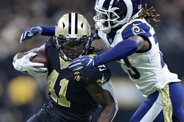 NEW ORLEANS, LA - NOVEMBER 4: Alvin Kamara #41 of the New Orleans Saints runs the ball and is tackled by Nickell Robey-Coleman #23 of the Los Angeles Rams at Mercedes-Benz Superdome on November 4, 2018 in New Orleans, Louisiana. The Saints defeated the Rams 45-35. (Photo by Wesley Hitt/Getty Images) NEW ORLEANS, LA - NOVEMBER 4: Alvin Kamara #41 of the New Orleans Saints runs the ball and is tackled by Nickell Robey-Coleman #23 of the Los Angeles Rams at Mercedes-Benz Superdome on November 4, 2018 in New Orleans, Louisiana. The Saints defeated the Rams 45-35. (Photo by Wesley Hitt/Getty Images)